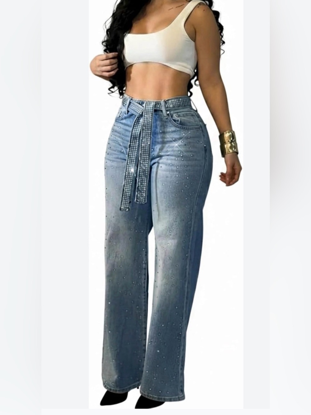 CHICME High Waisted Wide Leg Jeans Rhinestone Denim Pants, Matching Sparkle Belt